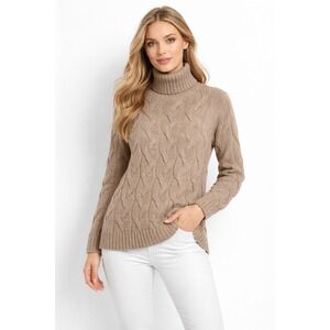 Anne Klein Cable Knit Turtleneck Sweater Size M Tan Wool Mohair Blend Chunky